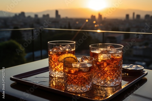 Negroni on the terrace with urban view to sunset.  generative IA