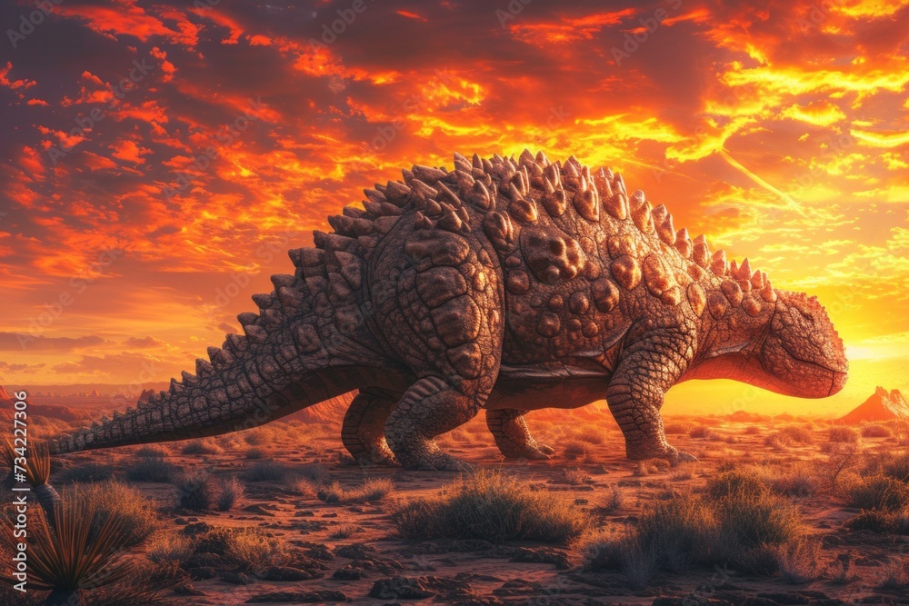 Ancient Ankylosaurus dinosaur with armored plates, wanders through a desert landscape under a fiery sunset sky, highlighted by the warm glow