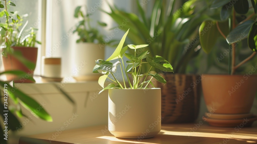  a potted plant sitting on top of a table next to other potted plants on a window sill next to a window sill with sunlight streaming through the window.