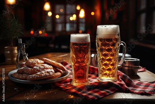 Glass of wheat beer in German restaurant., generative IA photo