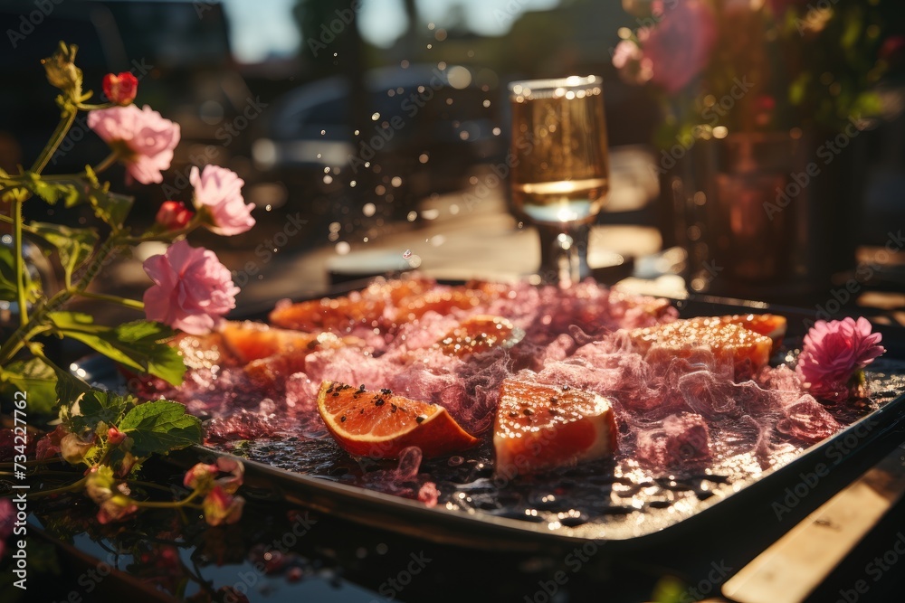 Animated barbecue with refreshing pink grapefruit., generative IA