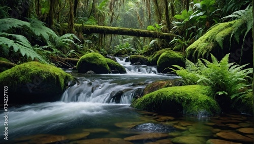 Cascades of a rainforest stream with large overhanging ferns and mossy rocks and logs in the wilderness