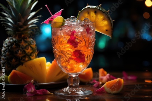 Tropical cocktail with fruits and umbrella in colored table., generative IA