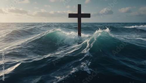 Christian Cross in the sea with waves