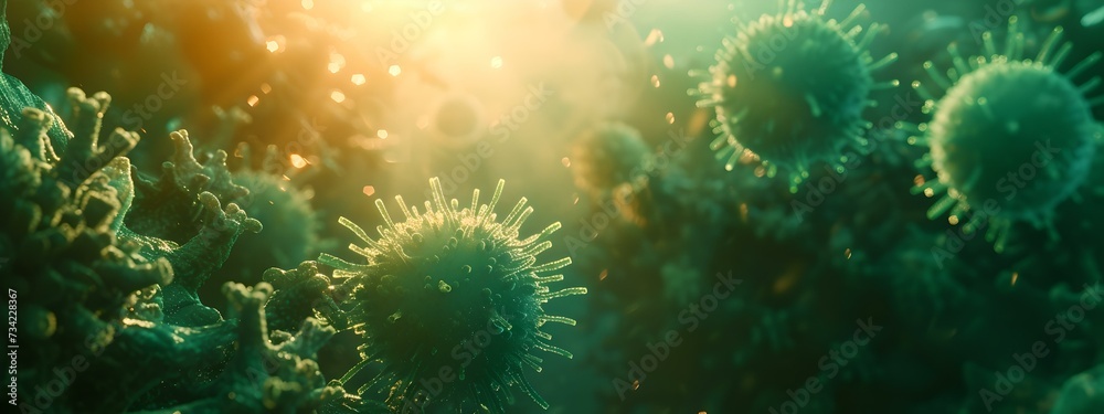 Obraz premium Close-up of green viruses under microscopic view with dramatic backlight. science and medical conceptual image. suitable for healthcare designs. AI