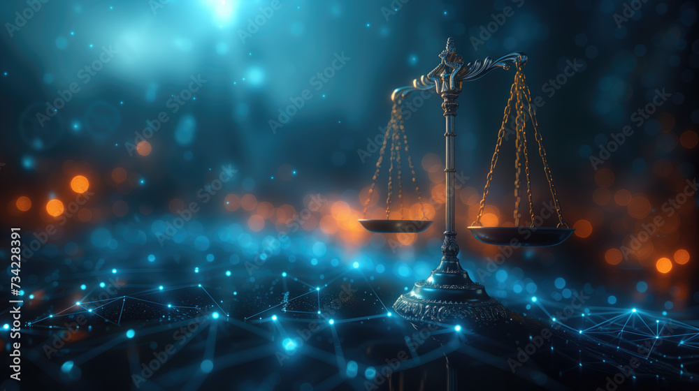 neutral artificial intelligence Scales of Justice in the Digital World Digital scale illustration on futuristic network background. Fairness and equality in ethics - obrazy, fototapety, plakaty 