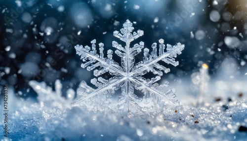 snowflake ice crystal macro frozen ground and snow falling on new years day