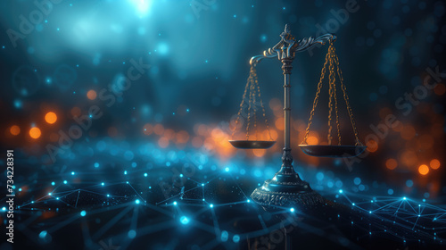 neutral artificial intelligence Scales of Justice in the Digital World Digital scale illustration on futuristic network background. Fairness and equality in ethics photo