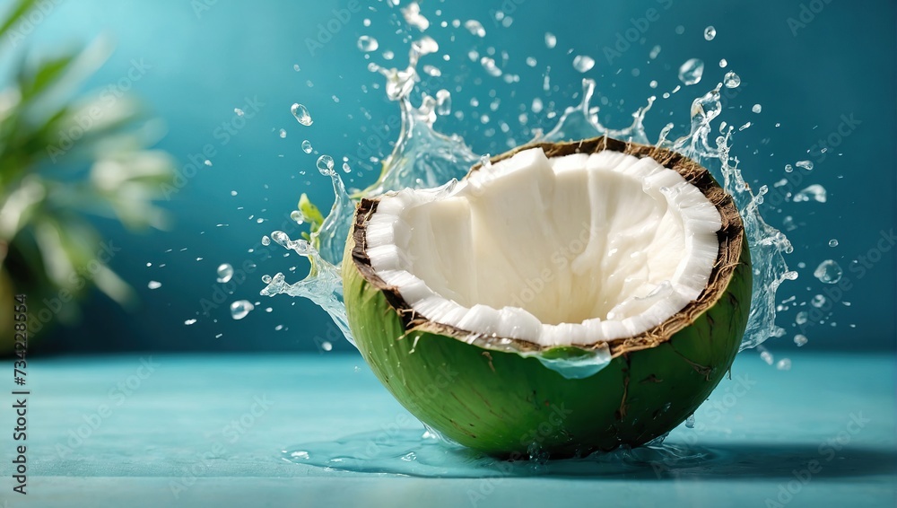 Coconut water splashing out of a fresh green coconut isolated on a pastel summer blue background - obrazy, fototapety, plakaty 
