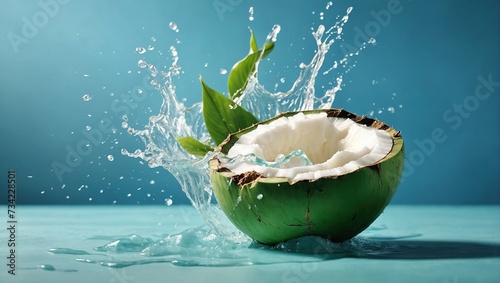 Coconut water splashing out of a fresh green coconut isolated on a pastel summer blue background