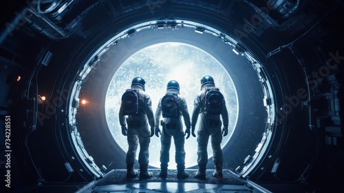 Team of astronauts in a space suits aboard the orbital station. A crew of cosmonauts piloting the spaceship. People in space. Galactic travel and science concept.
