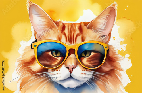 Funny red cat with sunglasses sits on a yellow background.