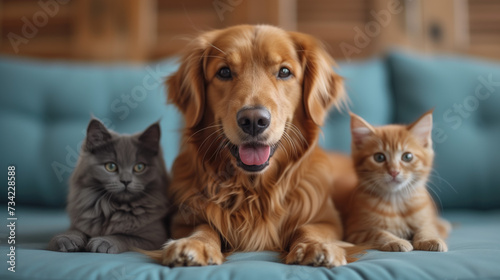 Big Brother Golden Retriever Sitting and smiling with cat subordinates on either side. © PT