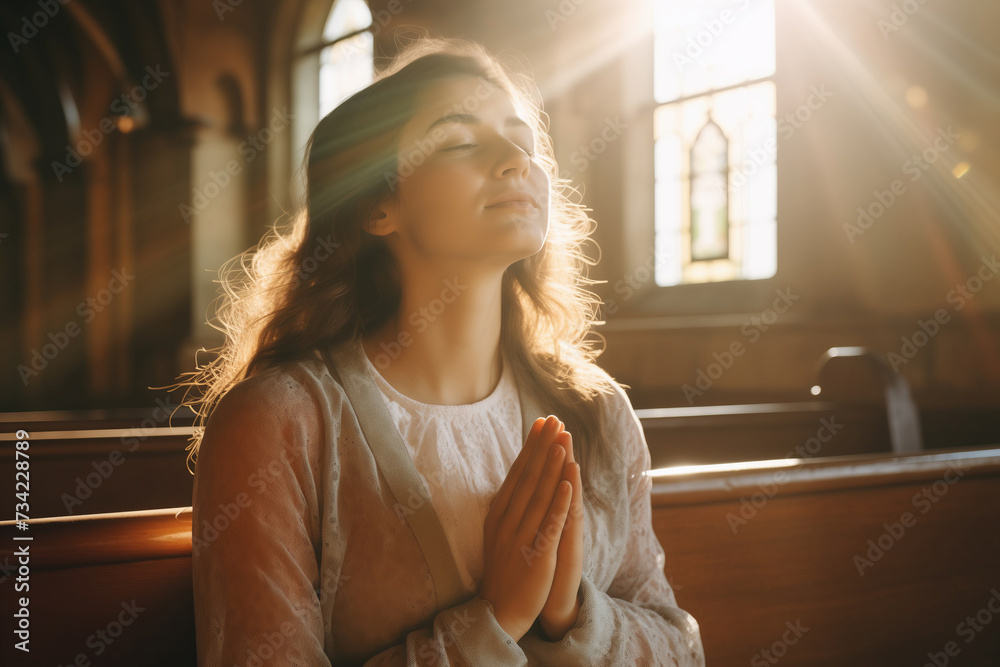 Young woman pray in church Christian life crisis prayer to god. Hands ...