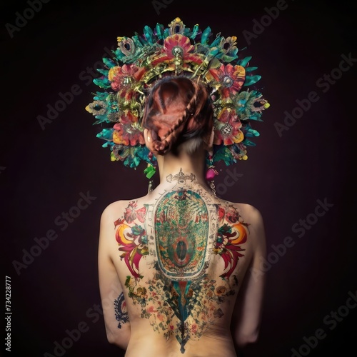 A boldly adorned girl with a large, intricate tattoo that covers her entire font