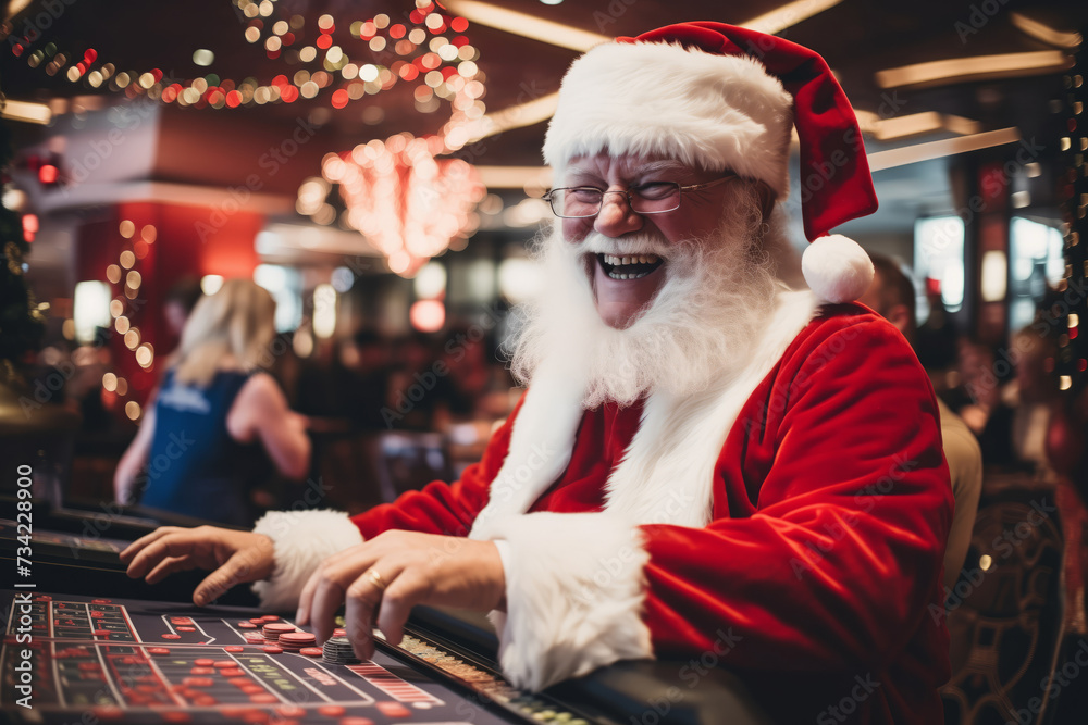 Santa Claus winner playing slot machine in casino Christmas holiday.