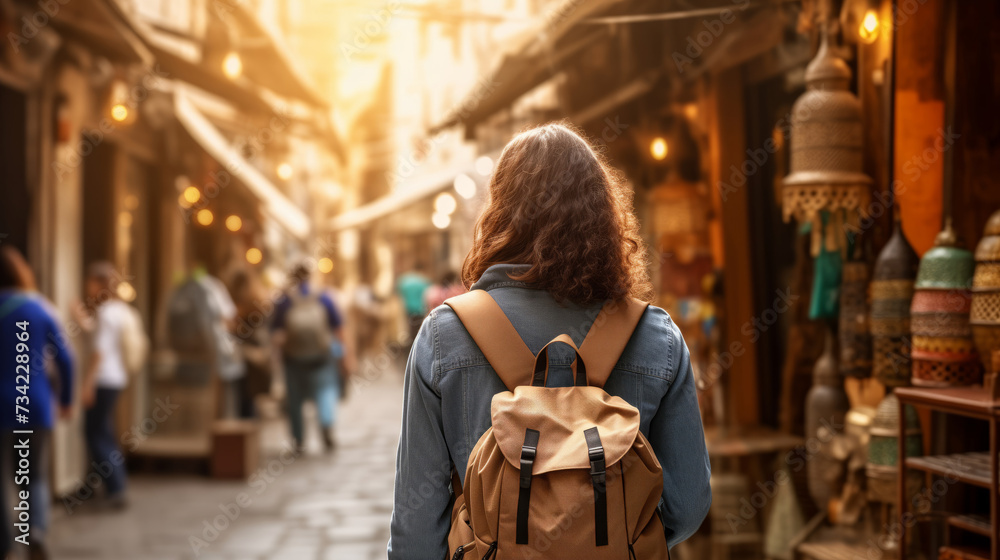  Young traveler with backpack wanders through bustling market street, absorbed in local culture. Concept travel tourism trip in bazaar Arab country or Egypt.