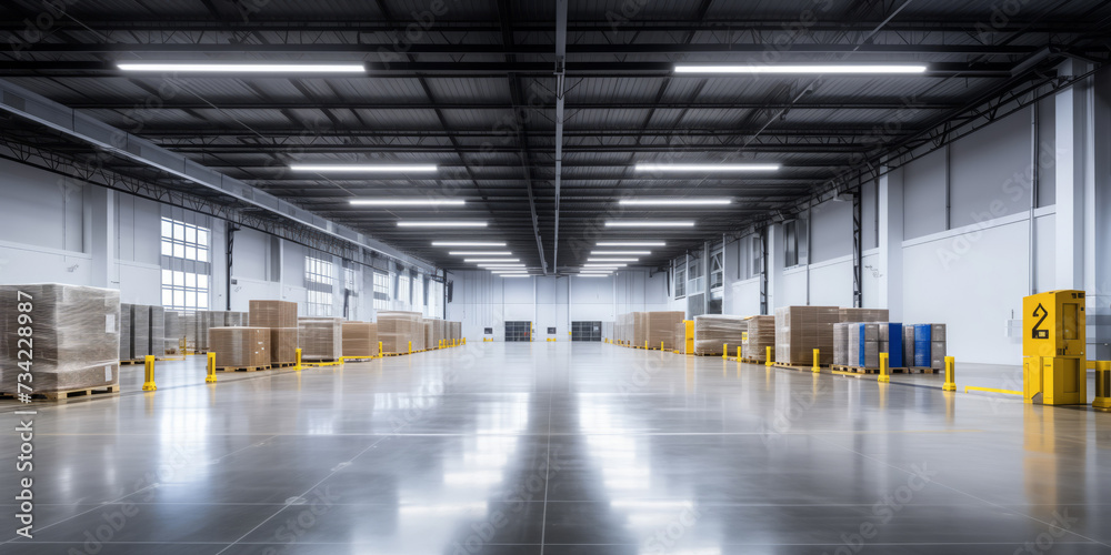 Fototapeta premium Large industrial warehouse with pallets of goods and storage racks