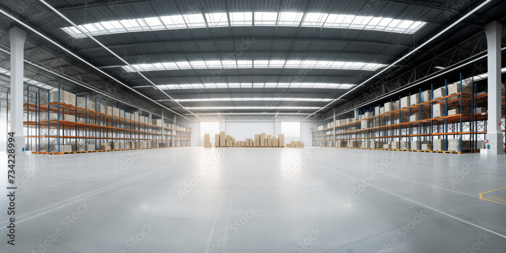 Banner panorama Expansive warehouse with empty shelves and a glossy floor.