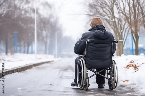 Fotografia Sad elder senior man in wheelchair in city on road with snow