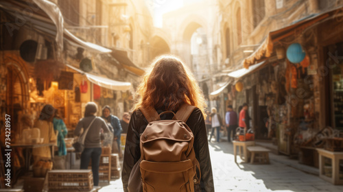  Young traveler with backpack wanders through bustling market street, absorbed in local culture. Concept travel tourism trip in bazaar Arab country or Egypt.