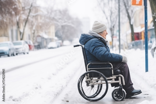 Fotografija Sad elder senior man in wheelchair in city on road with snow