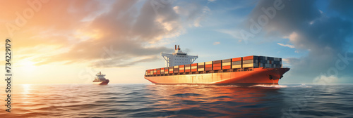 Cargo maritime ship with container in water ocean, sunset. Concept banner logistic shipping export, import