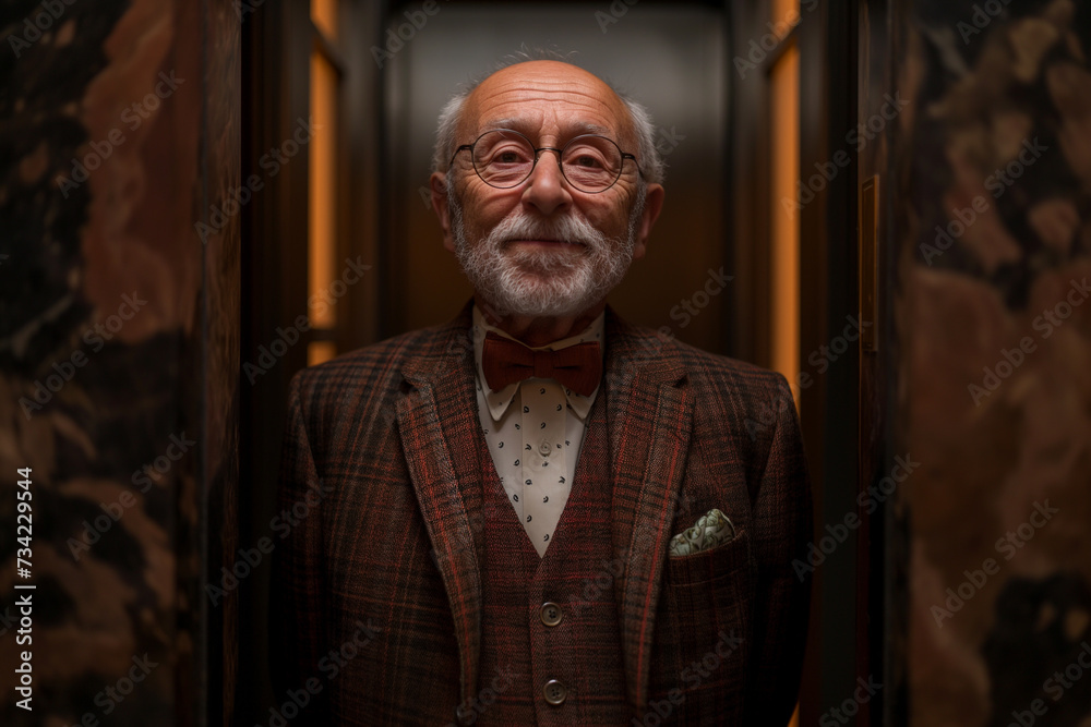 Señor elegante, curioso, transmite elegancia, creatividad, escritor, personaje extravagante de película, en un portal de un edificio con un ascensor detrás