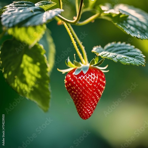 there is a small strawberry hanging on a plant with green leaves