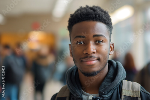 Estudiante negro, sonriendo, felicidad, seguridad, igualdad, con sus compañeros en clase, universitario, derechos photo