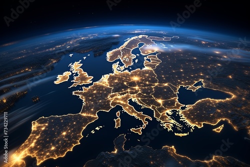 Earth planet Europe at night from space, city lights, elements from NASA