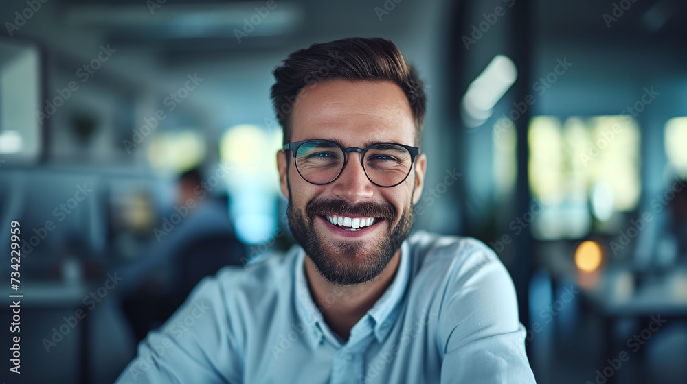 Fototapeta premium Confident young businessman with beard and glasses smiling at camera in modern office workspace