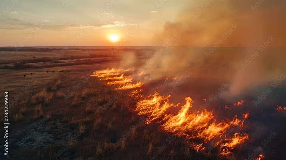 A fiery sunset over a vast landscape with raging wildfire. dramatic natural scene captured in the wilderness at dusk. peace and destruction juxtaposed. AI