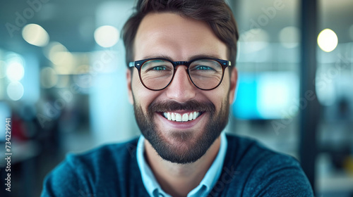 Smiling bearded man with glasses in modern office setting photo