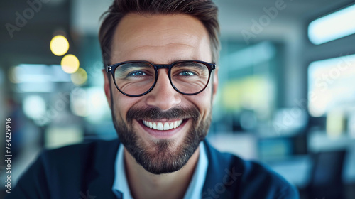 Smiling bearded man with glasses in modern office setting © AI Factory