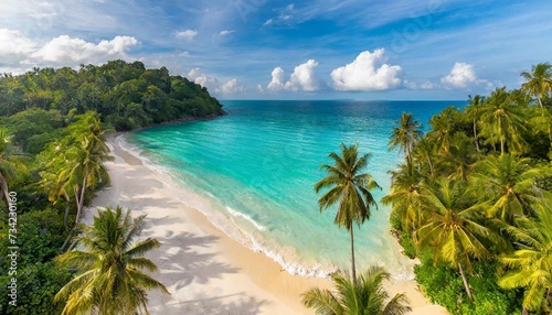 aerial top view on sand beach tropical beach with white sand turquoise sea palm trees under sunlight drone view luxury travel destination scenic vacation landscape amazing nature paradise island © Pauline