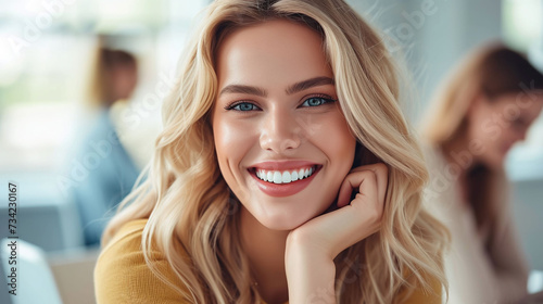 Happy blonde businesswoman smiling in office environment