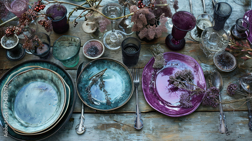  a table topped with lots of purple plates and silverware next to a vase filled with purple flowers and other purple and white vases on top of a wooden table.