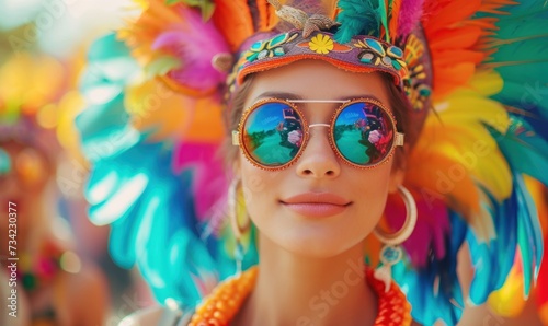 Beautiful girl on carnival with colorful face dress and sunglasses