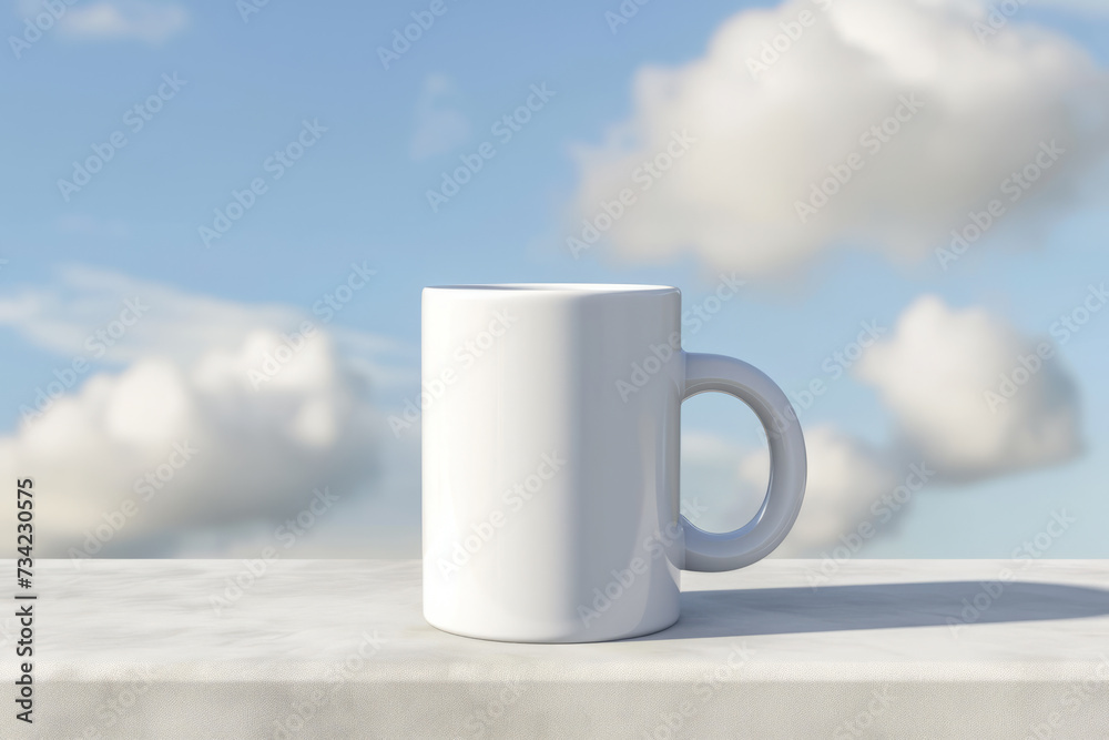 Obraz premium White blank coffee mug on white marble table top and blue sky with clouds background. Blank coffee cup mug mockup template