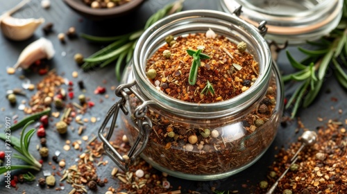  a glass jar filled with spices sitting on top of a table next to a spoon and a bowl of spices on top of a counter top of a wooden table.