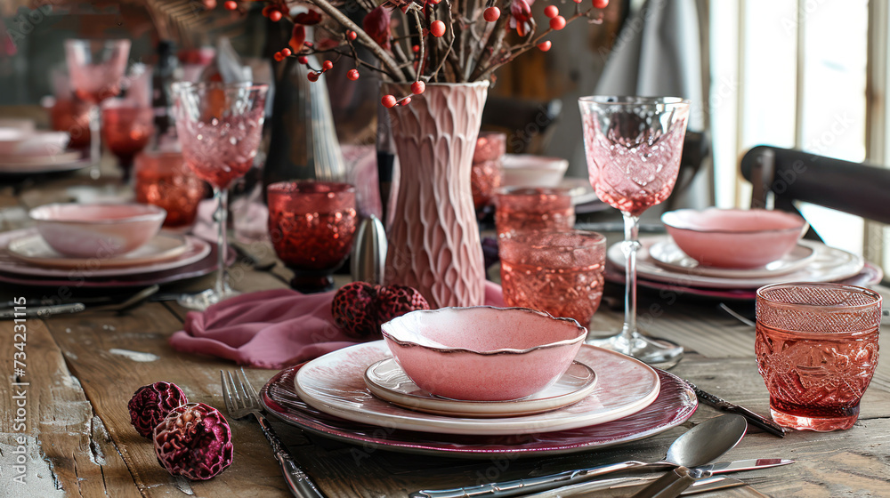  a table is set with pink dishes and silverware, and a vase with red berries in it, and a pink napkin is on the plate next to the plate.