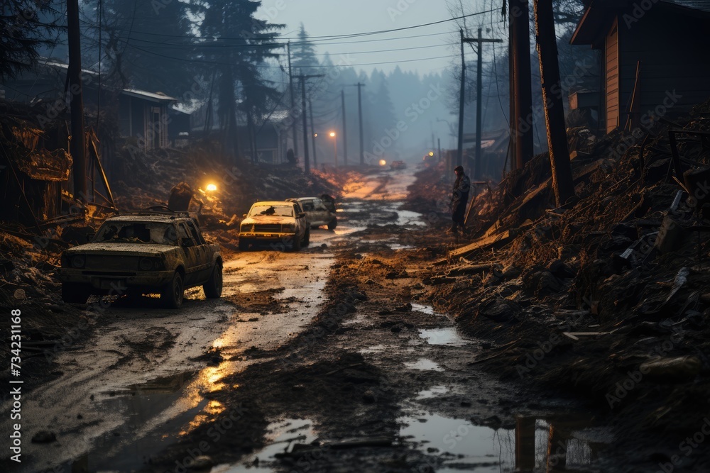 Road blocked by landslide., generative IA Road blocked by landslide., generative IA