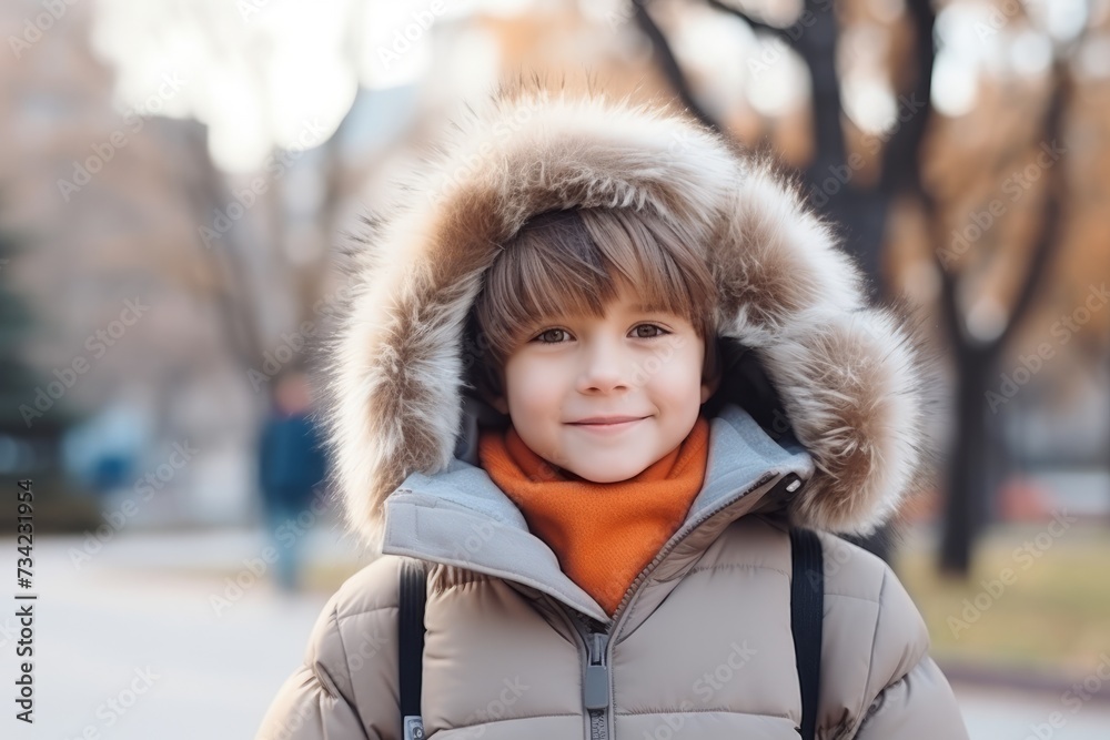 Portrait of a cute little boy in a winter coat on the street Portrait of a cute little boy in a winter coat on the street