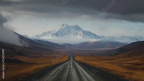  a dirt road in the middle of a field with a mountain in the background and clouds in the sky over the top of the road is a snow - capped mountain.
