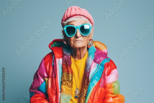 stylish senior woman in colorful clothes and sunglasses looking away isolated on grey