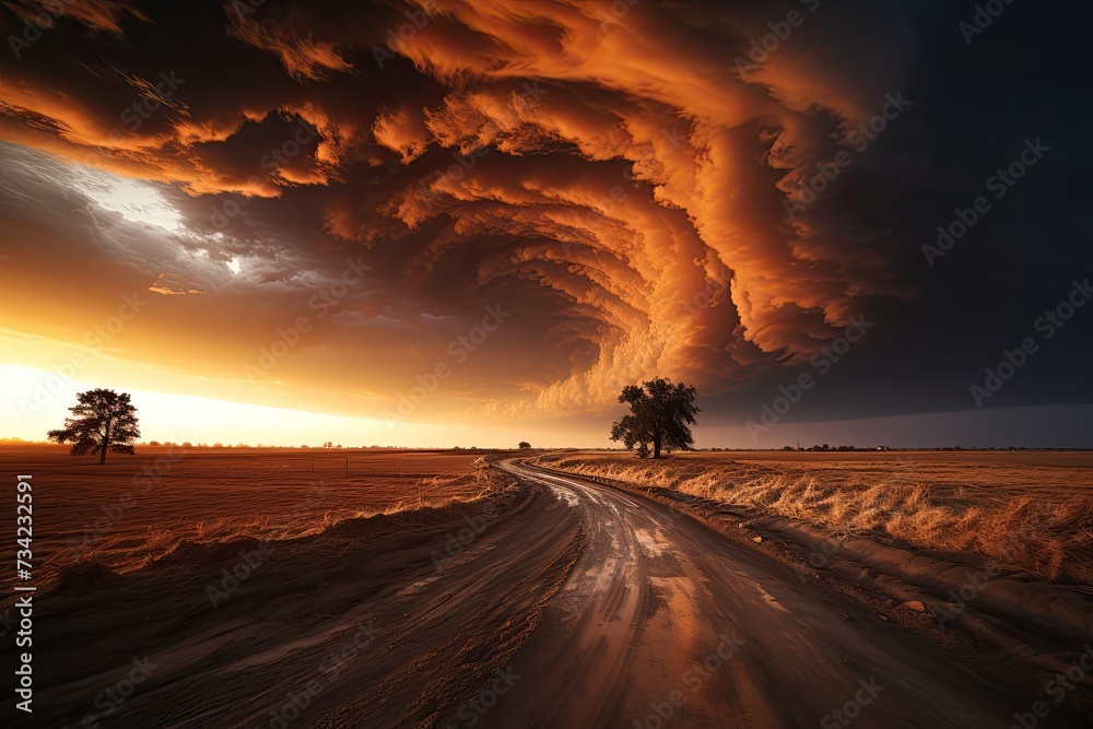 Tornado threatens wind field, surreal scene., generative IA