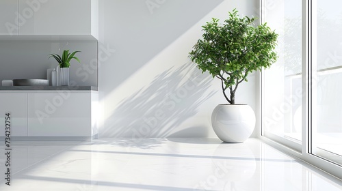  a potted plant sitting in a white vase next to a window in a white room with a large window sill on one side of the wall and a counter on the other side of the.