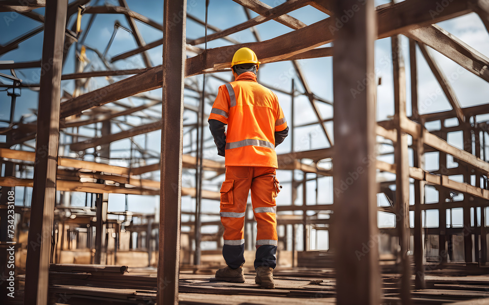 Back view of construction worker wearing safety uniform during working on roof structure of building on construction site