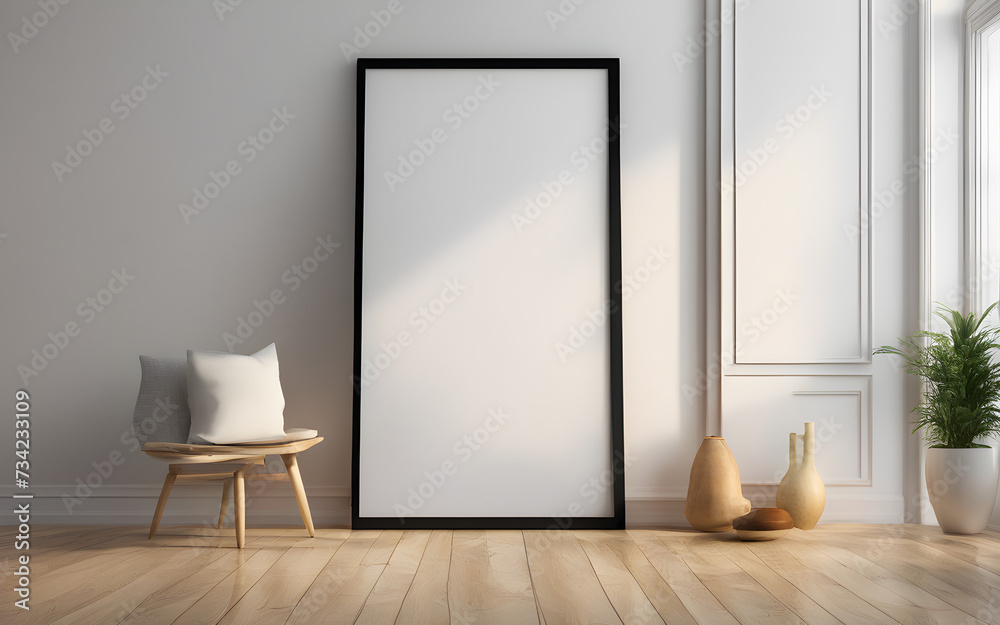 Blank vertical black poster frame standing on light wooden floor against white wall, empty picture frame mockup